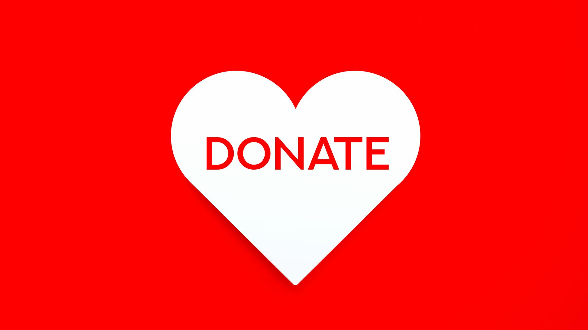 "Donate" Text with White Heart Symbol on Red Background. Cutout Paper Design. 3D Rendering.